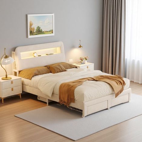 Cama 160x200 cm en terciopelo beige con LED regulable, cajones, puertos USB/Type-C, somier incluido