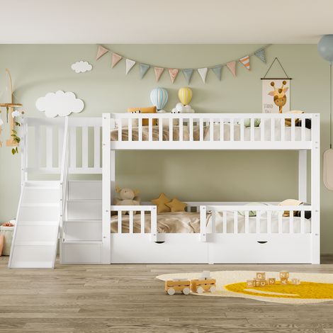 Lit superposé enfant 90x200,lit double,lit enfant multifonctionnel,avec toboggan et escalier,avec 2 tiroirs,avec porte magnétique,bois massif, blanc (1/5)