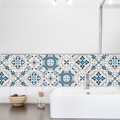 Sticker adhésif homestaging, lessivable, carreaux de ciment, gris, bleu, 15 cm X 15 cm (1/4)