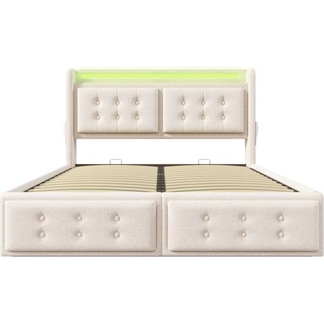 CAIziLit rembourré 180x200 LED, USB-C, hydraulique, bois-métal beige (1/5)