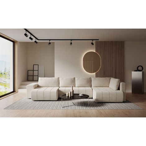 Wohnlandschaft Schlafsofa ARMANDA in Stoff Blur Creme langer Schenkel Rechts