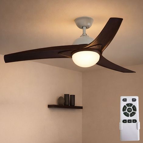 Deckenventilator Deckenleuchte Ventilator Lüfter Holzventilator Fernbedienung, CCT Timer 3 Stufen, Metall MDF Holzoptik braun Glas opal, 1x LED 15W 1500Lm, DxH 132x35cm