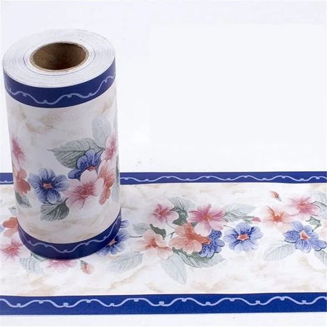 Frise murale autocollante PVC, motif fleurs bleues et roses, 10 x 1000 cm, pour moulure ou plinthe. - Fleur Bleue Rose 10 x 1000 cm (1/3)