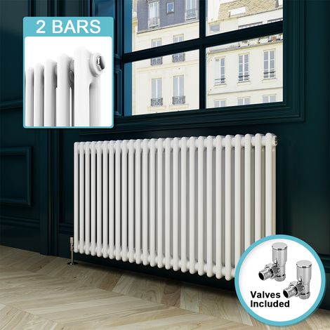 ELEGANT Traditional Horizontal Radiator White Double Radiator Central Heating Column Rads With Valves 600 x 1164 mm