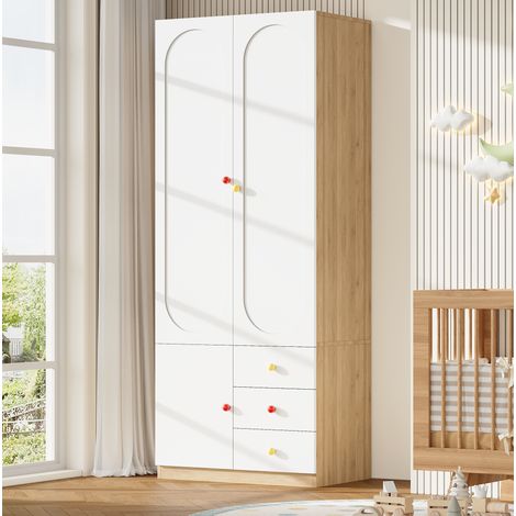 Armadio per bambini 2 ante, 3 cassetti e barra appendiabiti, 80 x 50 x 200 cm, bianco, HAVRYA (1/5)