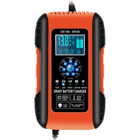 Chargeur de batterie 12V 10A et 24V 5A – Réparation automatique – Écran LCD – Pour batteries AGM, GEL, WET, SLA (6-180Ah) (1/5)