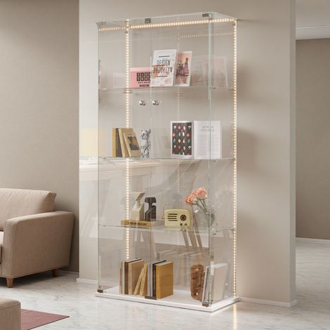 Vitrine en verre, 163x78.5x35cm, 4 niveaux, vitrine de collectionneur avec lumière LED, vitrine de rangement pour la chambre, le bureau, le salon, Base blanche (1/5)