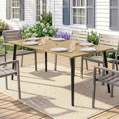 Table de jardin 150 x 90 cm, table de balcon résistante aux intempéries en acier, avec trou pour parasol, marron (1/5)