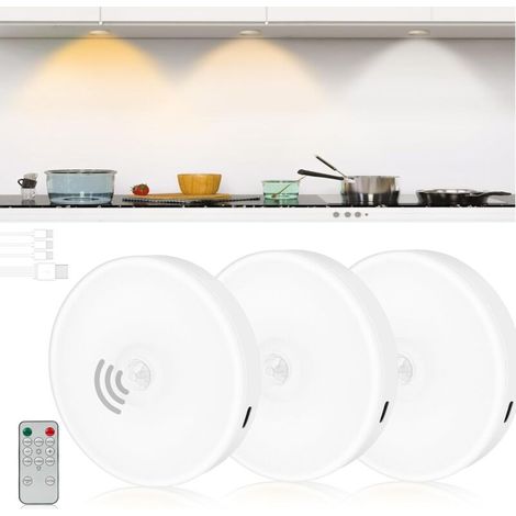 Lampe ronde à détecteur de mouvement avec télécommande, sans fil, rechargeable, à installer sous un meuble, LED magnétique, intensité réglable et minuterie, 3 couleurs (lot de 3).