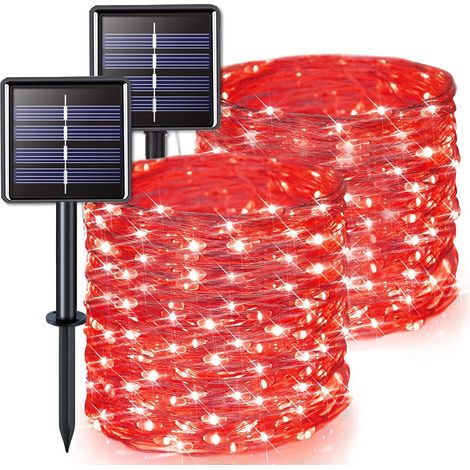 2PCS 15m 150 LED extérieure solaire Fairy Tale light avec 8 modes imperméable à l'eau décoratif cuivre fil lumière pour jardin arbre Noël (Rouge) (1/5)