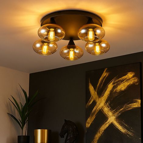 Plafonnier LED Filament dimmable Plafonnier verre ambre noir Rétro Salon 5 flammes verre, métal, 5x 4W 470Lm blanc chaud, DxH 49x15 cm