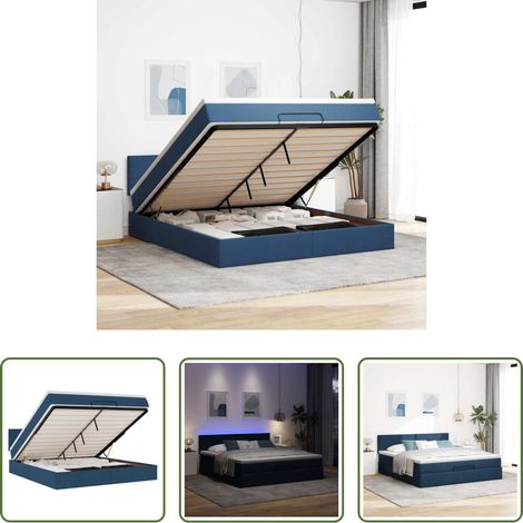 vidaXL LED-Beleuchtung - Ottomane Bett mit Matratze & LEDs Blau 180x200 cm Stoff (1/5)