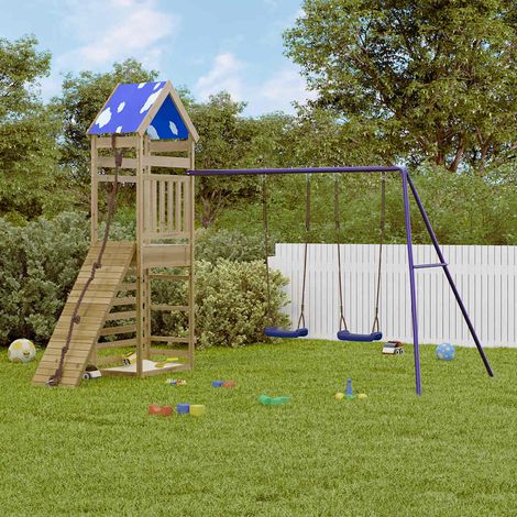 Aire de jeux extérieure en bois de pin imprégné avec balançoire double et mur d’escalade, 50.83kg - PANGIVO (1/5)