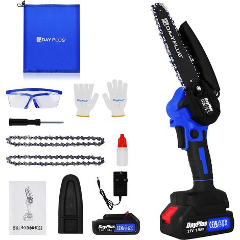 Mini scie à chaîne à batterie sans fil sans balais, adaptée à l'élagage des branches, à la coupe de jardin, à la cour et à la maison, équipée de chaînes de sécurité et de sacs en tissu (4 pouces, 1 ba