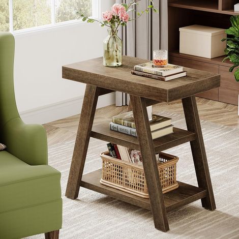 Tribesigns Table d'appoint étroite à 3 niveaux avec étagère de rangement, petite table d'appoint en bois de ferme pour petits espaces, table de chevet industrielle robuste pour chambre à coucher (1/5)
