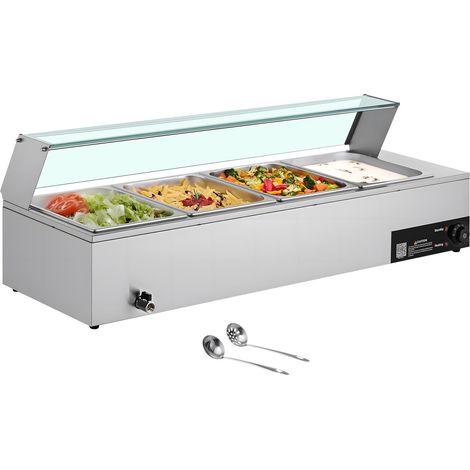 Mophorn Kommerzieller Speisenwärmer mit 4 Behältern in halber Größe, 1,5 kW elektrischer Wärmebehälter aus Edelstahl, inklusive Glasabdeckung und Suppenkelle, ideal für Catering, Restaurants