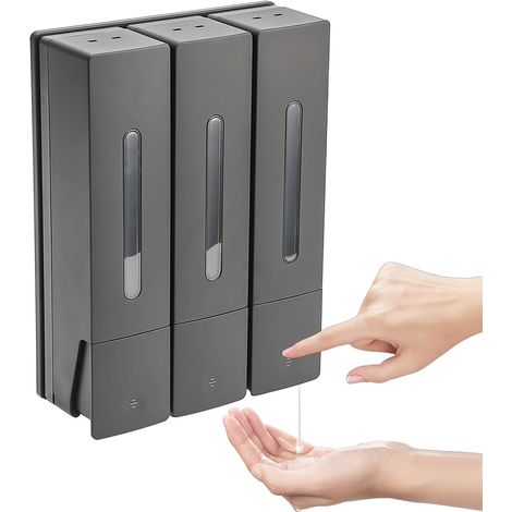 Dispensador de jabón mural sin taladrar, juego de 3 dispensadores recargables de 450 ml para gel de ducha, champú y acondicionador, ABS transparente, para baño y cocina. (1/5)