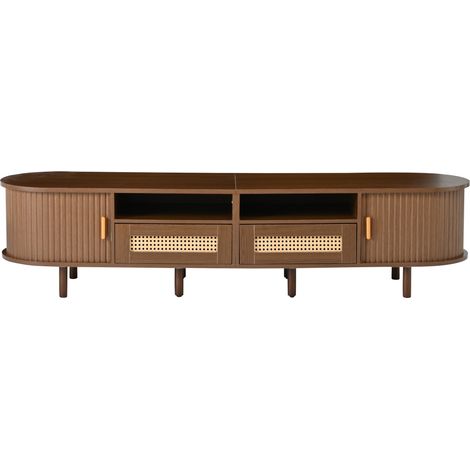 Meuble tv 170x40x40 cm noyer avec tiroirs en rotin et portes coulissantes, design moderne pour écran jusqu’à 70 pouces