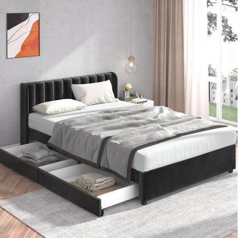 Letto matrimoniale 140 x 200 cm in velluto nero con testiera e 2 cassetti - CHICFURN (1/5)