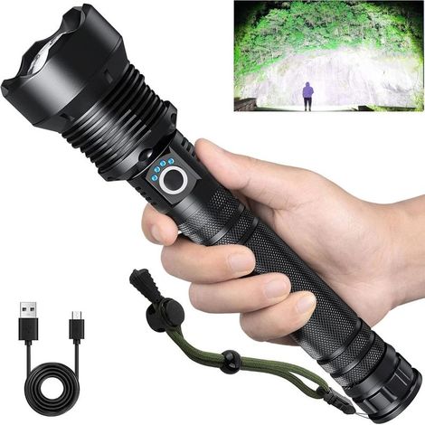 Linterna recargable, 250.000 lúmenes, LED ultrabrillante, 5 modos, resistente al agua (con cable USB).
