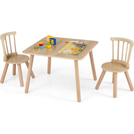 Set di tavolo e 2 sedie in legno per bambini con schienale a fuso (1/2)