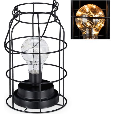 Lampe de Table Vintage, Grillage avec Ampoule LED, Blanc Chaud, fonctionnant à la Batterie, Fil de Fer, Noire (1/5)