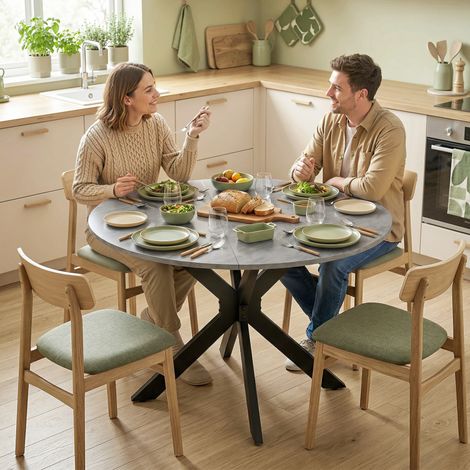 Mesa de comedor plegable para 2-6 personas, mesa redonda plegable con estructura de acero en doble X, tablero grueso, color gris cemento.
