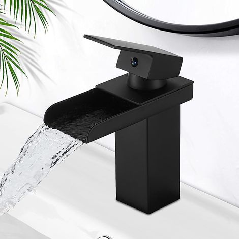 Schwarzer Waschtischhahn, wassersparender Keramik-Wasserfallhahn für Badezimmer, eleganter Design-Badezimmermischer (1/5)