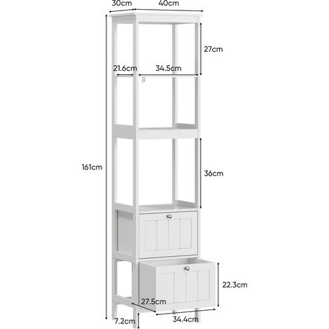 Armoire haute étroite autoportante de buanderie en bois,2 tiroirs et 3 étagères,dimensions compactes 40x30x160 cm,mobilier de couleur blanche.