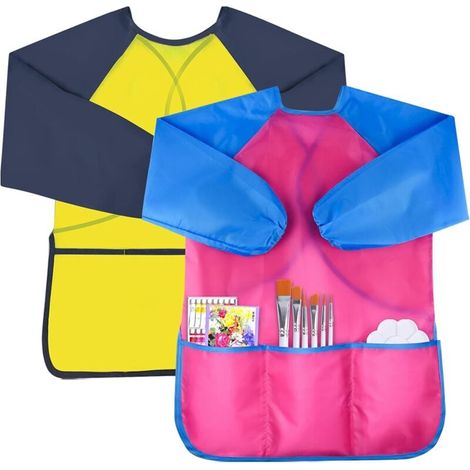 Tablier Enfant - Polyester Imperméable - Manches Longues - 3 Poches - Pour Peinture Cuisine Coloriage - Taille Unique 3 À 8 Ans - 2 Pièces (1/5)