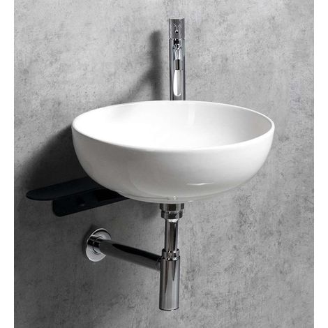 Sapho Tetris - Set lavabo e supporto, diametro 41 cm, senza troppopieno, ClickClack, bianco/nero opaco TZ420-01 (1/5)