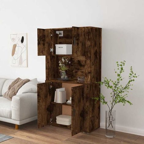 Buffet Haut en Bois d'Ingénierie Couleur Chêne Fumé - Meuble de Rangement et Présentoir pour Salle à Manger (1/5)