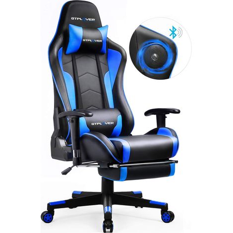 Chaise Gaming Repose-Pieds Haut-Parleur Bluetooth Fauteuil Gamer Gris Siège Ergonomique Blue (1/5)