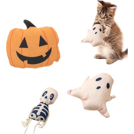 Jouets d'Halloween pour chat, citrouille, fantôme, squelette, herbe à chat, jouets pour chats et chiens à l'intérieur, 3 pièces (1/4)
