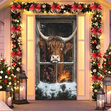 Rideau de porte de Noël 2026, bannière extérieure avec fond photo Père Noël et chien, tissu à suspendre - 90 x 180 cm (œillets + ruban) - 13