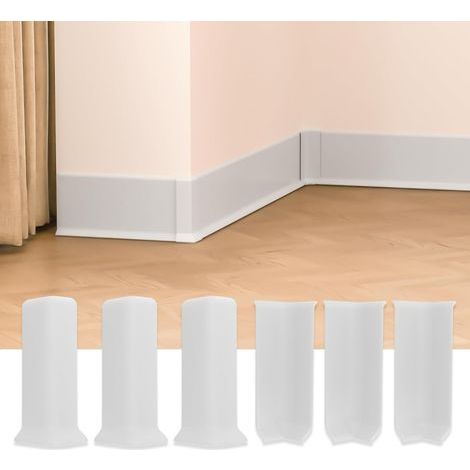 Blocs d'angle pour plinthes, 10 cm de hauteur, auto-adhésifs, comprenant 3 équerres d'angle intérieures et 3 équerres d'angle extérieures, blancs. (1/5)