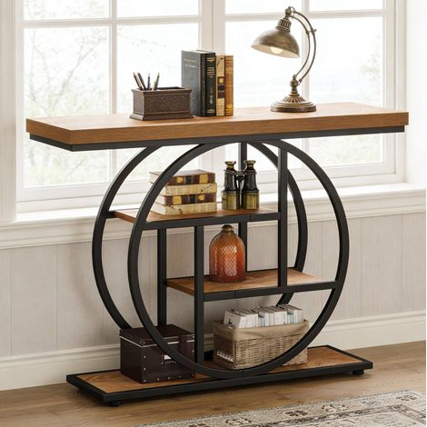 Table console 105x30x80 cm noir et brun clair en métal et bois avec 4 niveaux (1/5)