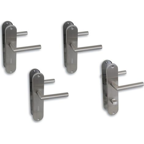 Kit de rénovation de porte - Plaque longue - En acier inoxydable satiné - Pour 3 portes de chambre avec trou de serrure à clé et 1 porte de WC de salle de bain - Poignée de porte (1/2)