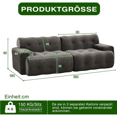 Canapé nuage design moderne, grand deux places avec accoudoirs larges et garniture à boutons. Fauteuil courbé pour salon et appartement, montage non requis. Gris.