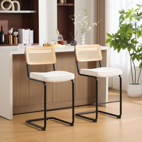 Tabouret de bar moderne au design brillant, 2 tabourets par paquet, assise en tissu chenille, design sans accoudoirs, dossier avec cadre en bois et aspect rotin, pieds métalliques laqués. - Ivoire (1/5)