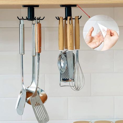 2pcs Rotatif à 360° Porte Range Ustensiles Cuisin Auto-adhésif 6 Crochet, Organiseur Cuisine Accessoire, Accroche Support Rangement Ustensiles Cuisine Sans Perçage, pour Cuisine/Bains (1/5)