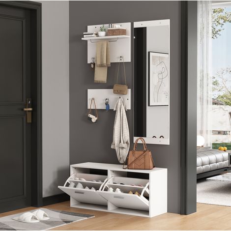 Mueble zapatero con espejo y 6 ganchos, conjunto de entrada de 4 piezas blanco DESVIAE (1/5)