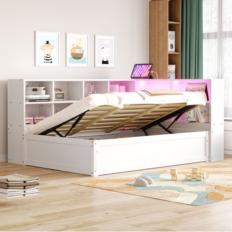 Cama sofá multifuncional 220.5x114.5x82 cm, con enchufe multifunción, almacenamiento, tira LED, madera, blanco (1/5)