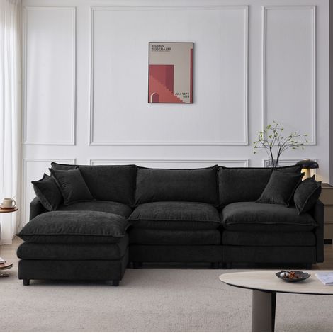 Divano angolare modulare 267x154x85 cm in ciniglia nera con pouf – MEUBLIV (1/5)