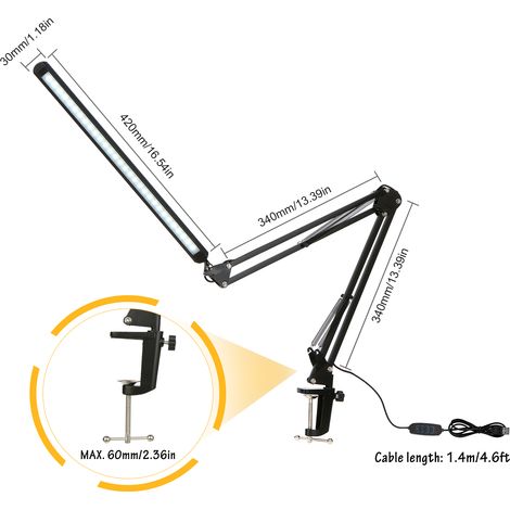 Tomshine LED-Schreibtischlampe mit Klemme, dimmbare und augenschonende Leselampe, 3 Farbmodi und 10 Helligkeitsstufen, Gelenkarm, ideal für Büro oder Arbeitszimmer. (1/2)