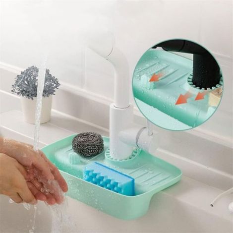 Tapis séchage silicone bleu avec porte-éponge pour cuisine salle de bain (1/5)