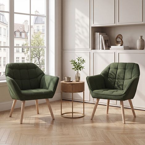 Wahson Fauteuil en Lin, Fauteuil Salon Moderne Lot de 2 Fauteuil Scandinave avec Pied Doré Fauteul Rembourré pour Chambre, Vert