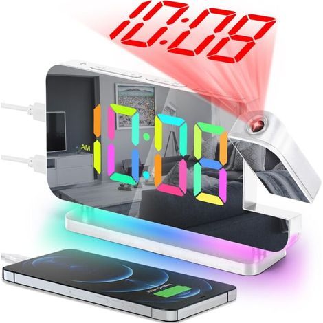 Réveil à projection, 16,8 cm, horloge numérique LED, grand écran, avec projecteur rotatif à 180°, veilleuse RVB, port USB C, horloge de bureau modern (1/4)