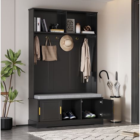 Perchero de entrada con banco zapatero, 6 ganchos, 120 x 40 x 191 cm, negro HAVRYA (1/5)