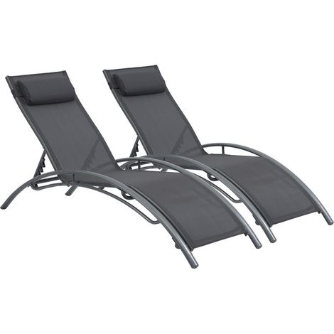 Habitat Et Jardin – Lot de 2 bains de soleil inclinables en aluminium – Siège en textilène gris foncé – Dimensions 181 x 58 x 93 cm – Résistant aux UV